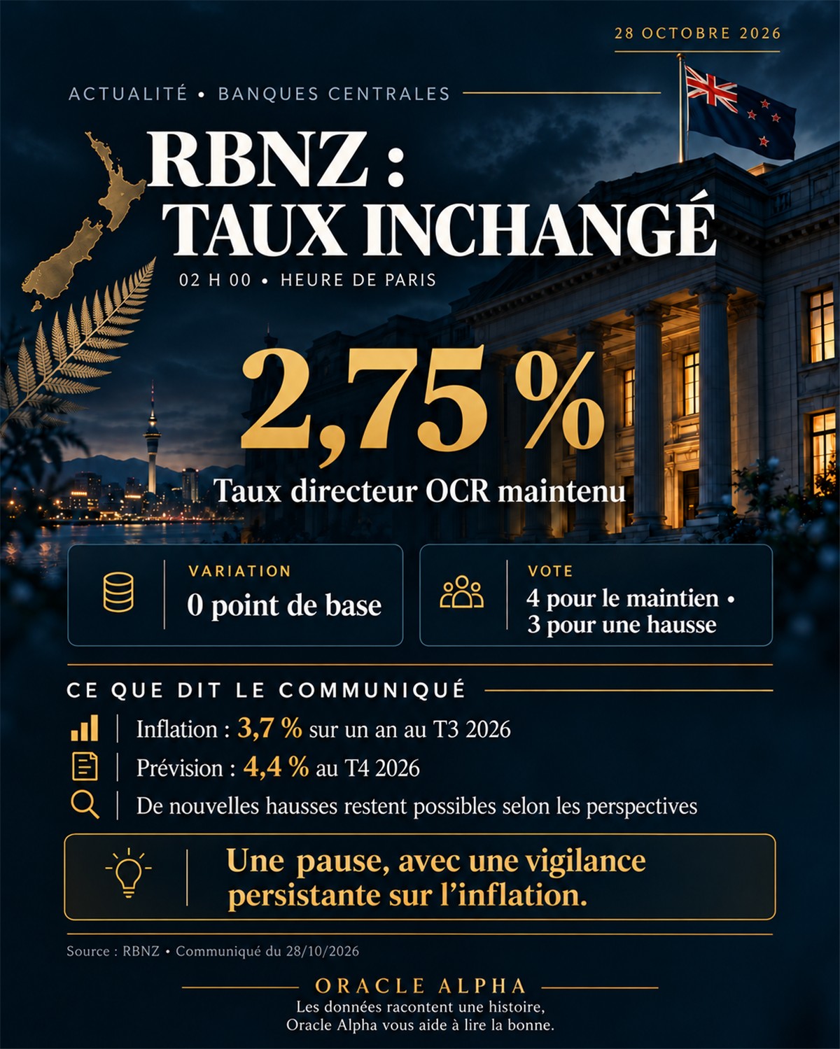 RBNZ : hold surprise à 2,75 %, crédibilité en question